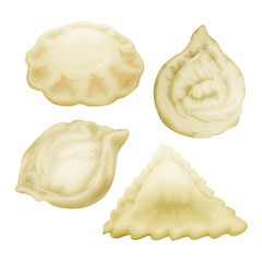 Vector realistic dumplings set. Vareniki pierogi xiao bao momo ravioli tortellini manti. Stuffed pork meat dough vegetable. 3d illustration national ukrainian belorussian asian italian cuisine