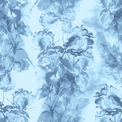 Watercolor vintage seamless pattern, floral pattern, blue, roses, buds, branch. 
Plants, flowers, grass in floral background. monochrome, gray, blue. For textiles, fabrics, wallpapers, design.