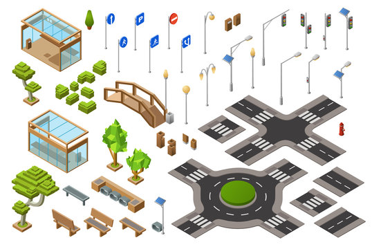 City Traffic Street Isometric 3D Vector Illustration Of Traffic Light, Transport Direction Signs. Isolated Isometric Constructor Icons Of Town Bench, Bus Stops And Bridge Or Crossroad Lane Marking