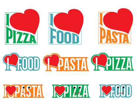 Fototapeta Logo Set Vectors. Inscriptions. I love food. I love pizza. I love pasta.