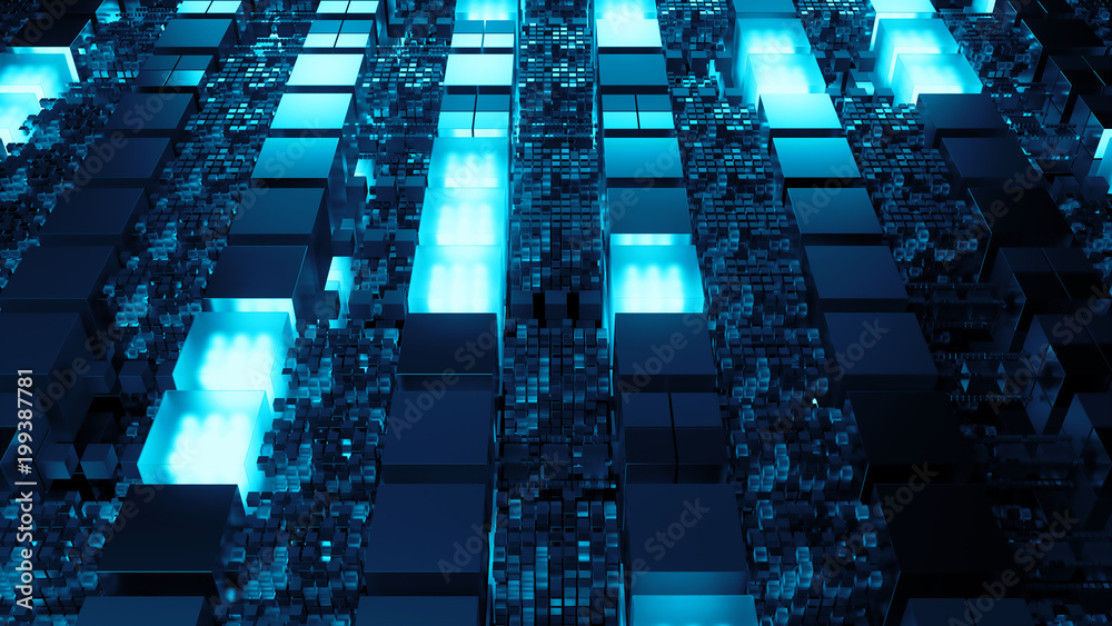 Poster 3d render technology background. abstract structure with cubes forms. different element materials. s