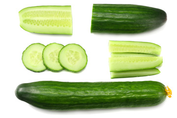 fresh cucumber slices isolated on white background. top view