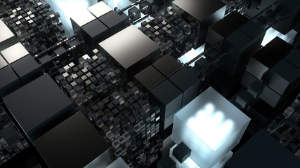 3d render technology background. Abstract structure with cubes forms. Different element materials. Straight structure with repetitive cubes. Tech concept.