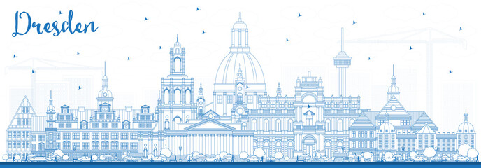 Naklejka premium Outline Dresden Germany City Skyline with Blue Buildings.