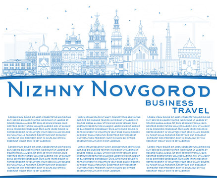 Outline Nizhny Novgorod Russia City Skyline with Blue Buildings and Copy Space.