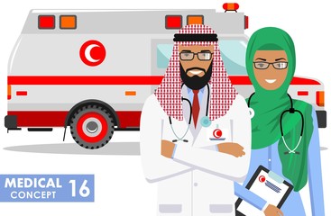Medical concept. Detailed illustration of muslim arabian paramedic man, emergency doctor, nurse and ambulance car in flat style on white background. Vector illustration.