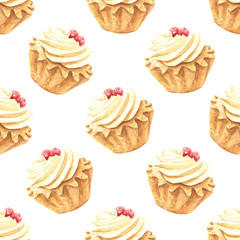Hand drawn watercolor vanilla with red berries cupcake repeating pattern, colorful seamless background. Food dessert design.
