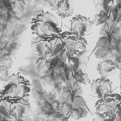 Seamless watercolor pattern, background, fabric, material. A bouquet of flowers, twigs, rose, branches, buds a splash of paint. field flowers. Watercolor drawing, illustration. Black Silhouette 