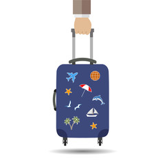 Travel bag, luggage isolated on white background. Man hand hold suitcase with stickers. Summer time, vacation, tourism concept. Flat style design