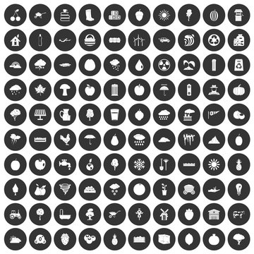 100 fruit icons set black circle