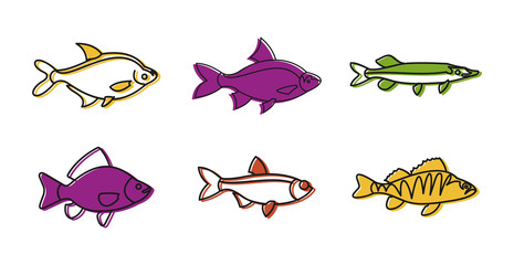 River fish icon set, color outline style