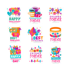 Set of abstract friends logo templates. Happy friendship day. Original vector design for postcard, invitation, mobile app or messenger