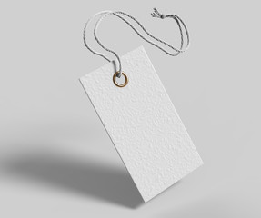 Blank tag tied with string. Price tag, gift tag, sale tag, address label isolated on grey background. 3d render illustration