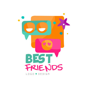 Social network logo template for best friends. Colorful speech bubbles with emoji. Vector design for mobile app or internet messenger