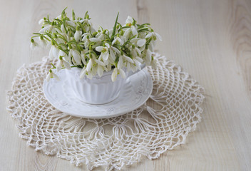 in a white cup a lot of snowdrops on the table