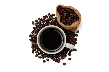Top view  a cup of coffee and coffee beans in sack on white background.