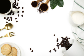Top view mockup on isolated background with a cup of coffee, coffee beans, milk and cookie.