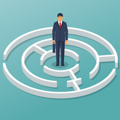 Business challenge. Search for a solution to the problem. Businessman stands in the middle of a maze. Man in labyrinth business metaphor. Vector illustration flat design. Isolated on white background.