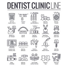 Thin line dentist clinic concept icon set.  Flat outline dent instruments vector illustration concept design.