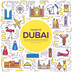 Country Dubai travel vacation guide of goods, place and feature. Set of architecture, fashion, people, item, nature background concept. Infographic traditional ethnic flat, outline, thin line icon 