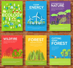 Ecology information cards set. Ecological template of flyear, magazines, posters, book cover, banners. Eco infographic concept  background. Layout illustrations modern pages with typography text