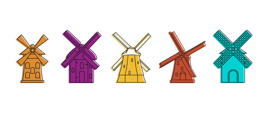 Windmill icon set, color outline style