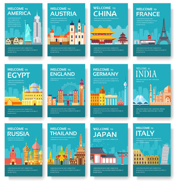 Country of USA, England, Japan, India, Turkey, Austria, Germany, China, Frnace, Russia, Thailand, Japan, Italy cards set. Travel of the world of flyer, magazines, poster, book cover, banners. Layout