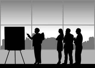 Business presentation at work in the office between business people, one in the series of similar images silhouette