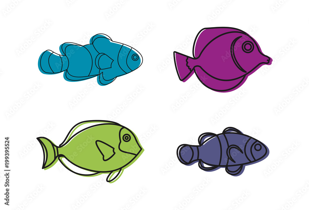 Wall mural Aquarium fish icon set, color outline style - Wall murals