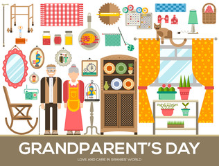 Grannys day icons design illustration set. Flat old character people and adult items background concept. Vector elderly grandmother and grandfather house 