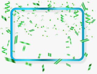 blue frame  background with green ribbon and confetti on white