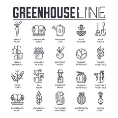 Gardener watering plants in greenhouse vector outline icons. Person with watering pot taking care of vegetables growing in hothouse thin line illustration. Banner with typography slogan text design. 