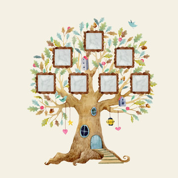 Watercolor vector tree house with frames