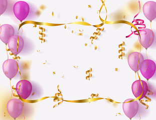 gold ribbon frame over white background with gold ribbons and purple balloons