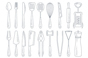 Vector set of cutlery and various kitchen utensils for cooking. Garlic press, corkscrew, meat cleaver, rolling pin, whisk. Detailed hand drawn illustrations