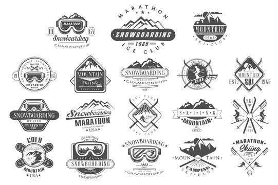 Vector set of vintage logos for ski club. Snowboarding championship. Monochrome emblems of tournament. Extreme winter sport. Mountain camping. Outdoor activity
