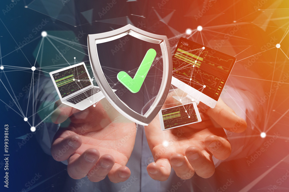 Poster shield symbol surrounded by devices and network displayed on a futuristic interface