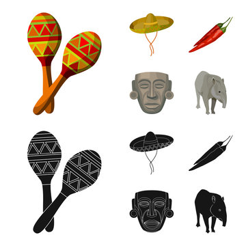 Maracas national musical instrument, sambrero traditional Mexican headdress, red pepper, bitter, idol-deity.Mexico country set collection icons in cartoon,black style vector symbol stock illustration