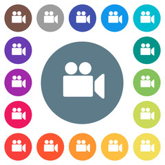 Video camera flat white icons on round color backgrounds