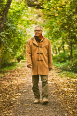 Happy senior man walking in park in autumn. 