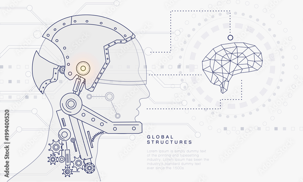 Poster innovations systems connecting people and robots devices. future technologies in automatics cyborg s