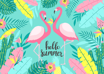 Tropical background with of two cute flamingos with inscription - Hello Summer. For print design. Vector Illustration