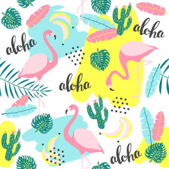 Fototapeta premium Tropical seamless pattern with flamingo and exotic leaves. Vector illustration