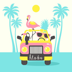 Aloha summer poster with toucan, flamingo, parrot, pineapple in the car. Can be used for poster, greeting card, bags, t-shirt. Vector Illustration.