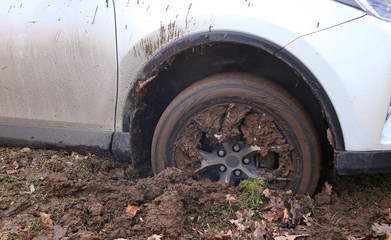 Fototapeta na wymiar Cars front wheel fell into the mud in offroad trip 
