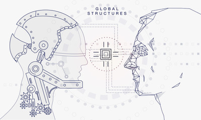 Innovations systems connecting people and robots devices. Future technologies in automatics cyborg systems and computers industry from awesome internet developments. Geometry style with linear pictogr