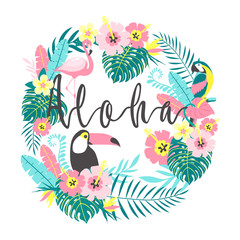Toucan with flamingo, parrot, tropical flowers, palm leaves, hibiscus. Vector illustration
