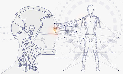 Innovations systems connecting people and robots devices. Future technologies in automatics cyborg systems and computers industry from awesome internet developments. Geometry style with linear pictogr