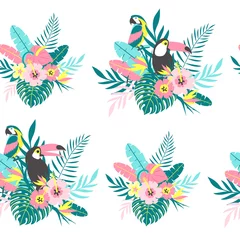 Stof per meter Vlinders Tropical seamless pattern with toucans, parrot, exotic leaves and flowers. Vector illustration