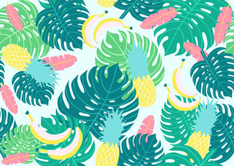 Seamless tropical pattern with palm leaves and  pineapple. Vector  illustration